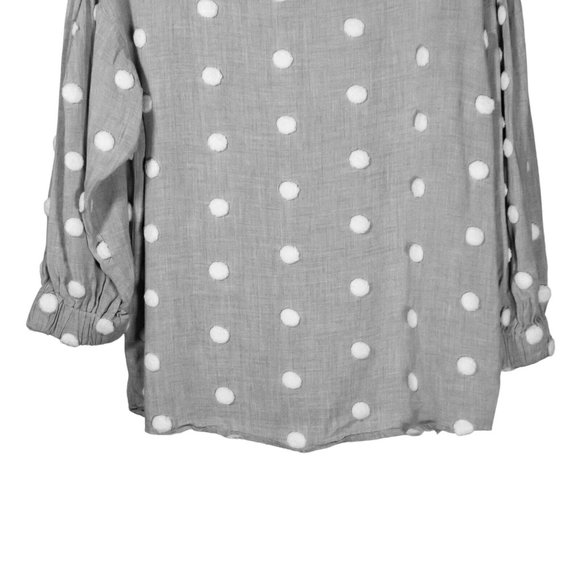 Zara Women's Blouse Gray White Polka Dot Pom Pom Puff Sleeve Coquette Top Small - Picture 7 of 8
